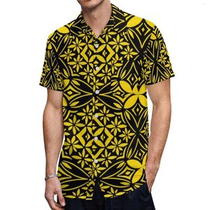 Мужские повседневные рубашки, черная рубашка с полинезийским племенным принтом, мужская рубашка с тропическим цветочным принтом и листьями монстеры с пуговицами большого размера