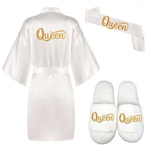 3pc Set Glitter Gold Queen Shade Bride Satin Saaty Women White Kimono Pajamas Party Bridal Party Kimono Wedding Queen Bride szaty 210831188v