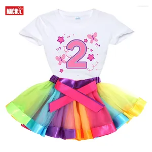 Conjuntos de roupas Bebê Menina Vestido de Aniversário Arco-íris Multicolor Crianças Vestidos para Meninas 3 4 5 6 Anos Crianças Verão Número 0-9 Roupas de Desenhos Animados