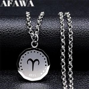 Pendant Necklaces Stainless Steel Aries Astrology Necklace Women Men Silver Color Round Punk Jewelry Ciondoli Acciaio Inox NXS02281Y