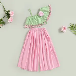 Clothing Sets 1-7Y Fashion Summer Kids Baby Girl Outfits Sleeveless Ruffled Floral Tank Tops Wide Leg Pants Outfit 2pcs