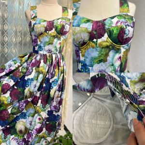 Floral Pattern Suspender Dress Cotton Slim Fit Pleated Wide Shoulder Strap Umbrella Skirt Long Skirt Rose Garden Dress S-XL FZ0087