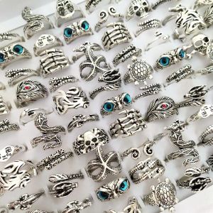 Rings 50pcs Antique Sier Plate Animal Skull Snake Claw Owl Punk Rocker Party Finger Ring Man Women Girl Jewelry Mix Lot Wholesale