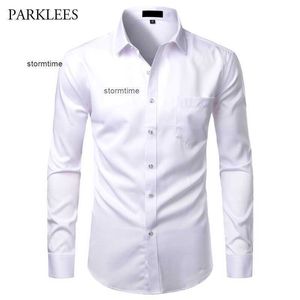 Mens White Bamboo Fiber Shirts Casual Slim Fit Button Up Dress Shirts Män Solid Soical Shirt With Pocket Formal Business Camisas