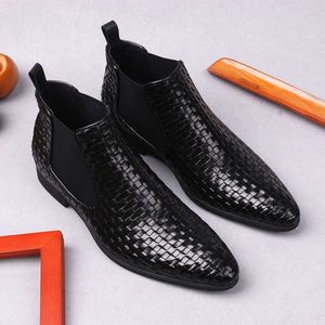 Genuine Ankle Black Classic Formal Men Leather for Dress Suit Slip on Boots Man in the Uk Style