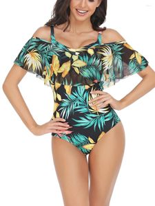 Kadın mayo 2024 bikini tulum seti kısa kollu omuz çiçek/yaprak baskı yaz havuzu plajı