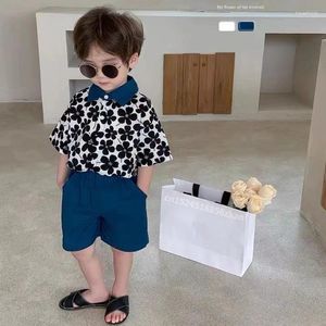 Clothing Sets Children 2024 Fashionable Flower Suit Baby Short Sleeve Shirt Shorts Handsome Retro Casual Two Piece Set