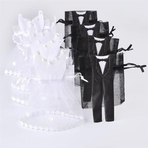 HELA 50 SETS Organza Drawstring Candy Bag 25 Tuxedo 25 Dress Bride Groom Wedding Favors Party Present Bag WB061248L