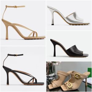 Designer Shoes Stretch Buckle Mule Sandal Women Leather Metal Buckle Sandals High Heel Luxury Fashion Wedding Party Dress