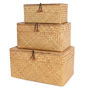 Cestas de prateleira com tampa conjunto de 3 caixas de armazenamento de ervas marinhas tecidas à mão cesta de vime organizador de maquiagem de mesa recipiente multiuso 240125