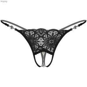 Andra trosor Mens underkläder Rhinestone Pendant Floral Lace G-String Sexig låg stigning Crotchless Thongs Sissy Male Gay Underwear Erotic YQ240130