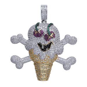 Iced Out Cubic Zircon Corsair Skeleton Skull Ice Cream Pendant Halsband med rostfritt stål Rope Chain2960