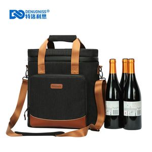Denuoniss Wine Cooling Bag 100％リークプルーフピクニッククーラーバッグヴィンテージレザー冷蔵庫バッグポータブルサーマルバッグ240118