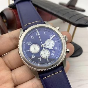 Limited Edition Aviator 8 B01 Quartz Chronograph Mens Watches 46MM Silver Case Blue Dial Luminous Wristwatches With Blue Alligator321S