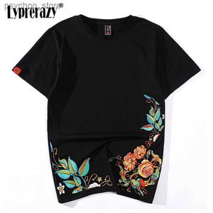 T-shirt da uomo Lyprerazy Uomo Hip Hop T-shirt con fiori ricamati peonia cinese Streetwear Tops Tees Harajuku Ricami Abiti etnici Q240130