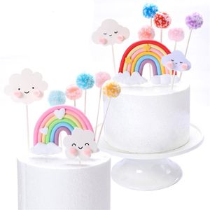 Outros suprimentos de festa festiva coração arco-íris nuvem bolo toppers pompom decoração para casamento aniversário chá de bebê cakes258r