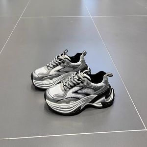 9a designer kvinnor löpskor silver svart andas äkta läder mode tjock suled gammaldagdy hållbar bekväm promenad sport sneakers