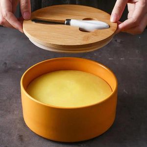 Plates Ceramic Butter Dish With Wood Cover Knife Round Sealed Jar Western Cheese Box Storage Tableware