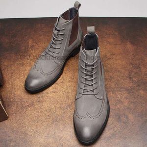 Fashion Men's Genuine Leather Black Gray Lace Up Pointed Toe Wingtip Brogue Male Dress Shoes Wedding Office Boots for Men