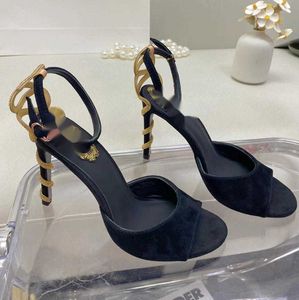 Sandali Stiletto Designer Cinturino alla caviglia Donna Cristallo 9,5 cm Scarpe eleganti con tacco alto Scarpe casual da fabbrica Decorazione serpente