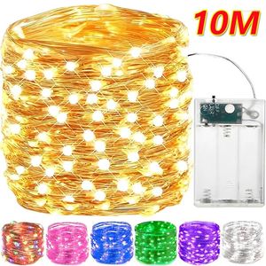 Strängar 100Led Copper Wire String Lights Batteridriven vattentät Garland Fairy Light Wedding Party Christmas Garden Home Decoration