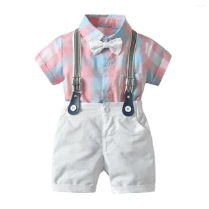 Conjuntos de roupas 2024 crianças bebê menino roupas formal smoking cavalheiro terno xadrez macacão calças outfits