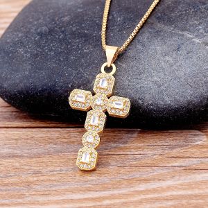Top Quality Cubic Zirconia 14k Yellow Gold Cross Pendant Choker Chain Necklace Men Women Hip-Hop Jewelry Fashion Golden Gift