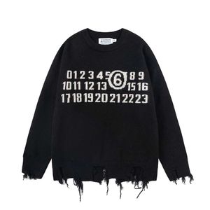 Margielas Hoodie 고품질 주식 : MM6 23SS 가을/겨울 신제품 디지털 자카드 손상 남성과 여성 모두를위한 Tassel Round Neck Sweater MM6 Hoodie 2243