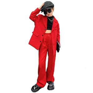 Primavera Autunno Teen Set di abbigliamento per bambini Vestito per ragazze Rosso Nero Blazer Giacca Pantaloni 2 pezzi Tute scolastiche per bambini Abiti formali 240119