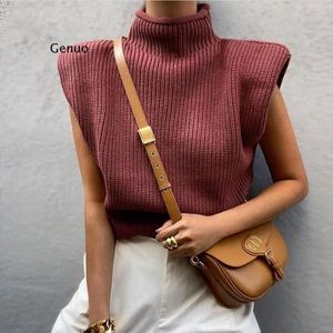 Women's Sweaters Turtleneck Sleeveless Women Vest Sweater White Shoulder Pads Pullover Knitted Loose Autumn Winter Casual Jumper