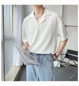 Social Business Polo Shirt Korean Style Shirt Flip Collar Half Sleeves Elegant T-shirt Solid Color Chemical Homme Blues 240130