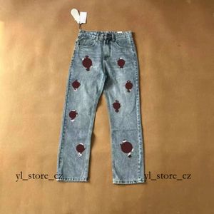 Chromees Hearts Men's Pants Mens Purple Brand Jeans Designer Make Old Washed Straight Trousers Prints Women Men Long Style Fashion Trend Chromees Hearts Jeans 8056