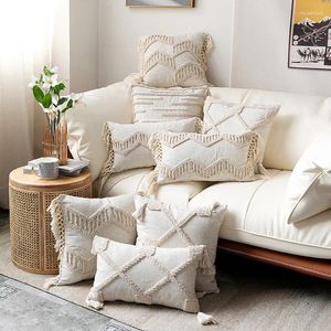 Pillow Tassel Cover 45x45cm/30x50cm Beige Pillowcase Handmade Square Living Room Boho Style For Home Decor Bedroom Zipper Open