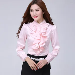 Kvinnors blusar Silk Satin Blue Formal Ladies Office Shirts Women Uniform Ruffle White Tops