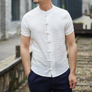 レトロメンズサマーシャツスタンドアップカラー半袖メンズシャツソリッドカラースリムフィットノットボタンアップメンズシャツ中華伝統的なシャツ240130