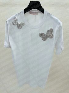 Designer Womens Tops Short Sleeve Handmade Beaded Butterfly Decoration White T Shirt