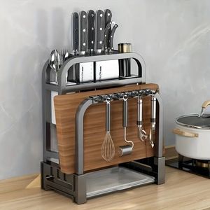 Suporte de faca multifuncional suporte aço inoxidável casa utensílio cozinha contador placa corte rack faca pote tampa rack armazenamento 240122