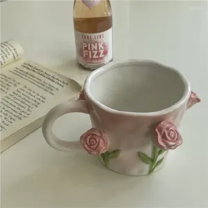 Mugs Ins Wind Girl Heart Hand-painted Three-dimensional Tulip Rose Ceramic Cup High-end Sense Mug Coffee Girlfriends Gift