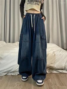 Women's Jeans QWEEK Harajuku Vintage Blue Cargo Women Oversized Y2K Grunge Black Baggy Denim Pants Hip Hop Streetwear Wide Leg Trousers