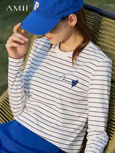 Women's T Shirts AMII Minimalist T-shirts For Women 2024 Spring Cotton Korean Letter Embroidery Stripe Elegant Casual Pullover Tees Top