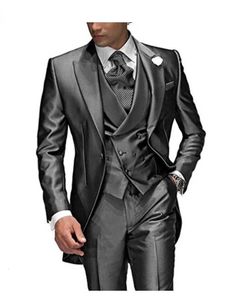 Terno masculino cinza carvão, lapela repicada, 3 peças, 1 botão, smoking, terno de casamento para homens, conjunto personalizado, jaqueta, calças, colete 240125