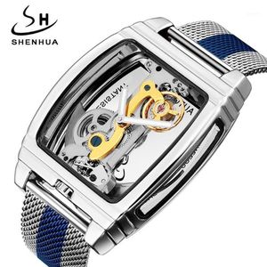 Kreatywne zegarki ze stali nierdzewnej automatyczne zegarki mechaniczne Mężczyźni Tourbillon zegarki przezroczyste szkielet steampunk Selfing Clock12837