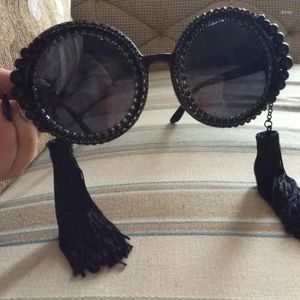 Sunglasses 2024 Tassel Baroque Pearl Women's Personalized Beach Rhinestone Vintage Circle Big Lady Sun Glasses