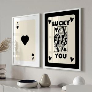 Dipinti Lucky Ace Poster Astratta Nero Beige Tela Pittura Picche A Stampa artistica Moderna Nordic Gioco di carte Immagine della parete Soggiorno De Dhyo1