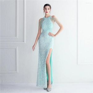 Casual Dresses Partysix Halter Neck Slit Prom Mermaid Sequin Evening Gown Pattern Lace Formal Party Beading Dress Long