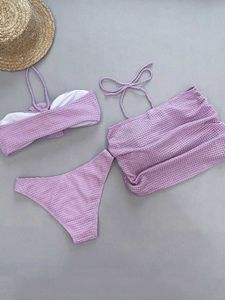 Women's Swimwear 2024 New sexy crochet net three piece bikini swimsuit set for womens 3D flower swimsuit womens solid swimsuit beach suit J240403