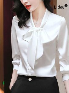 Kvinnors blusar Spring Autumn Butterfly Bow Single-Breasted Blue Women Classic Long Sleeve Korean Office All-Match Lady Shirt