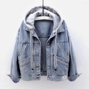 Kvinnorjackor Autumn Denim Coat Women Jacket Stylish Hooded Drawstring Design för våren Long Winter