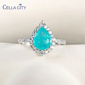 Cluster Rings CellaCity Water Drop Shaped Women's Ring With 8 10mm Blue Create Tourmaline Paraiba Elegant Silver 925 Fine Jewelry Female