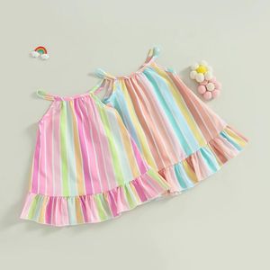 Kız Elbiseler Pudcoco Kids Bebek Bebek Kolsuz Kapalı Omuz Renkli Gökkuşağı Çizgili Sıradan Parti Sokak Prenses Elbise 6m-4y